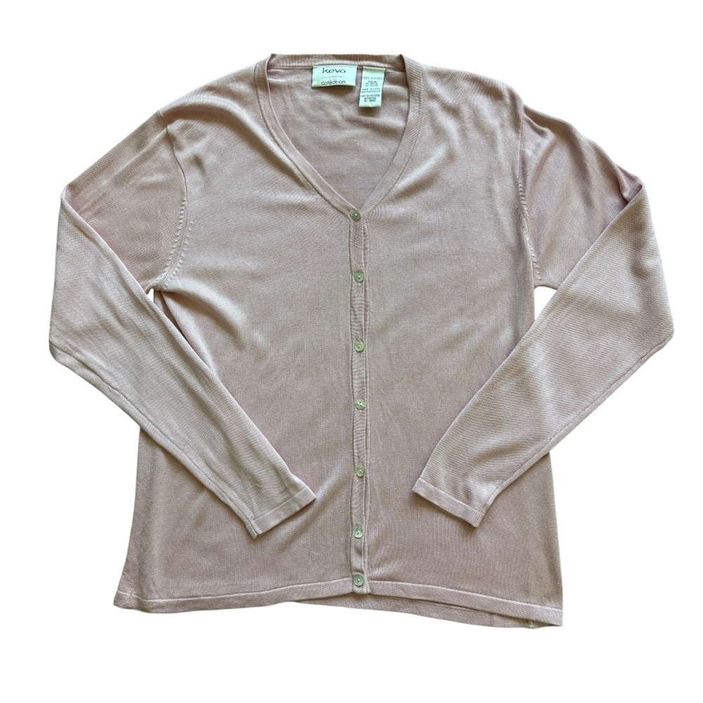 VTG! Kevo Women's Pale Pink 100% Silk V-Neck Cardigan Sweater M Stretch Luxury